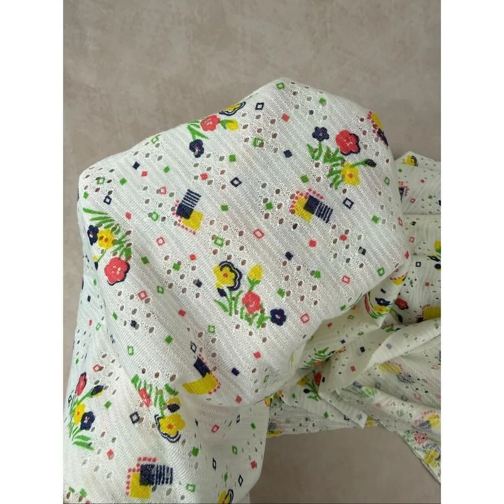 Vintage 1970s Floral Fabric Mod MCM Eyelet Pointelle Knit 42x54”